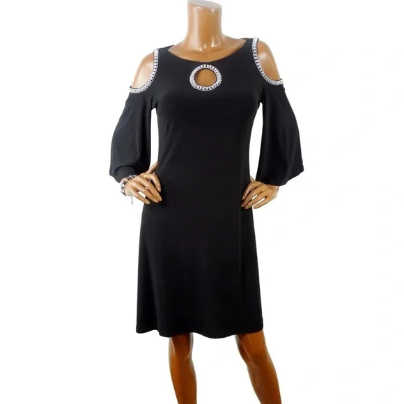 open lace back dress Zapaka Women Cold Shoulder Little Black Dress Chiffon A-Line Cocktail Party Dress with Bow, Black / US16W